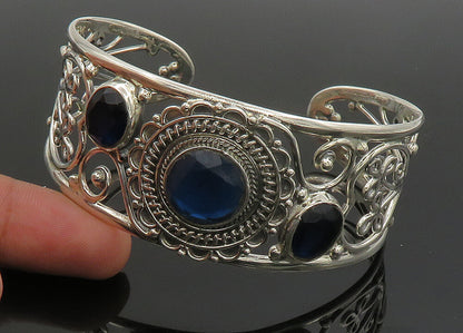 925 Sterling Silver   Vintage Blue Stone Floral Vine Cuff Bracelet  BT9088