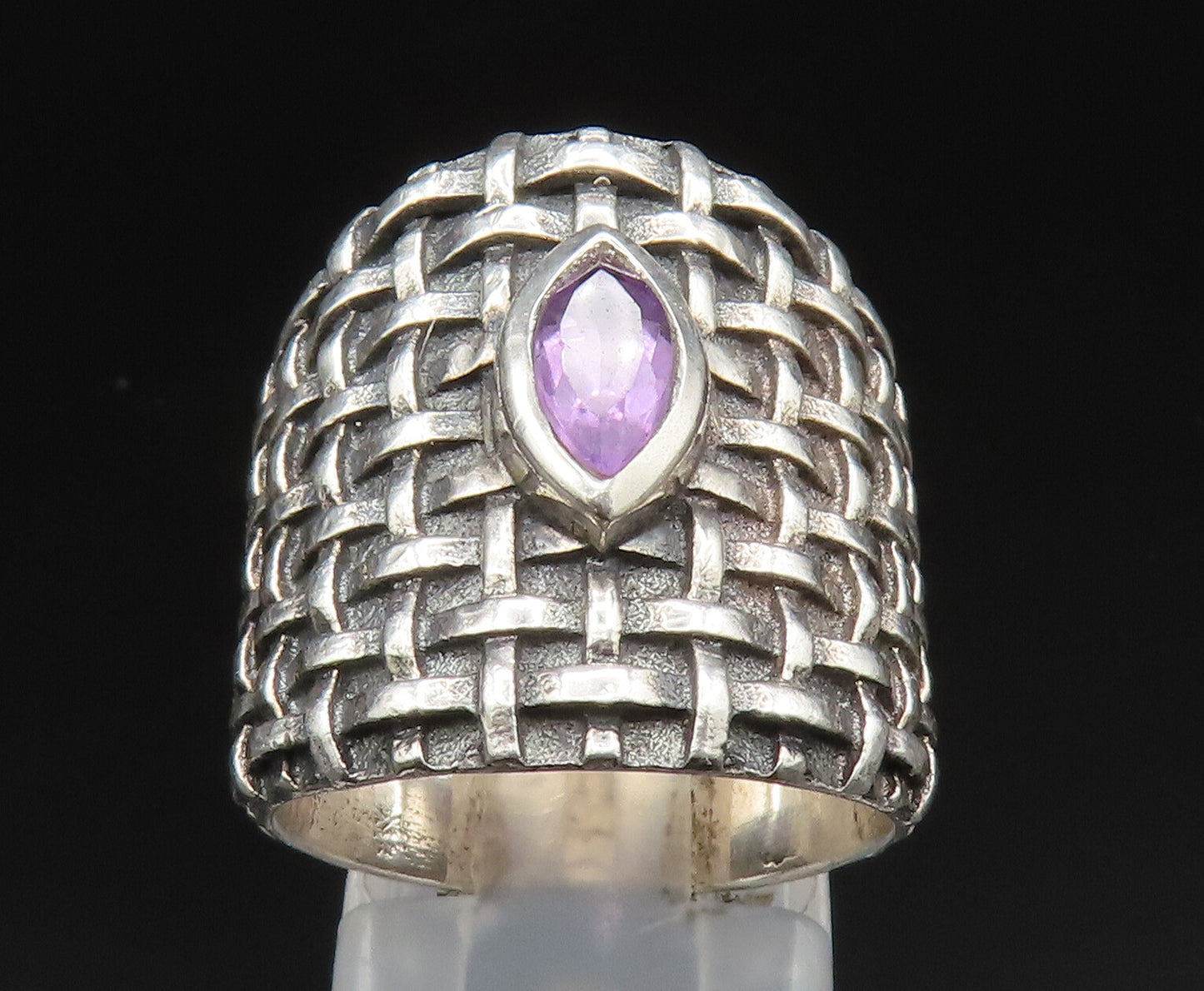 DESIGNER 925 Silver  Vintage Amethyst Basket Weave Wide Band Ring Sz 7 RG25022