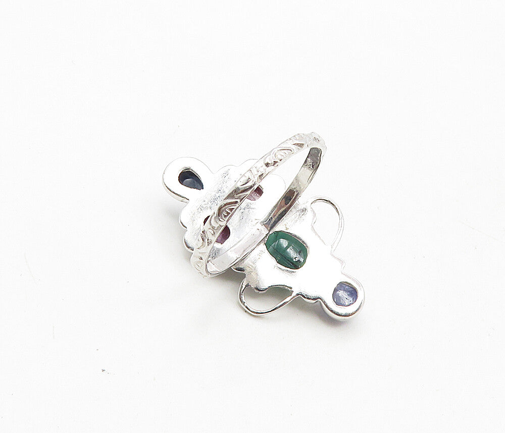 925 Sterling Silver  Carnelian Ruby & Sapphire Cocktail Ring Sz 8  RG8866