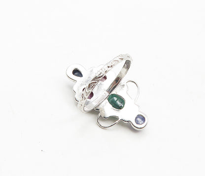 925 Sterling Silver  Carnelian Ruby & Sapphire Cocktail Ring Sz 8  RG8866