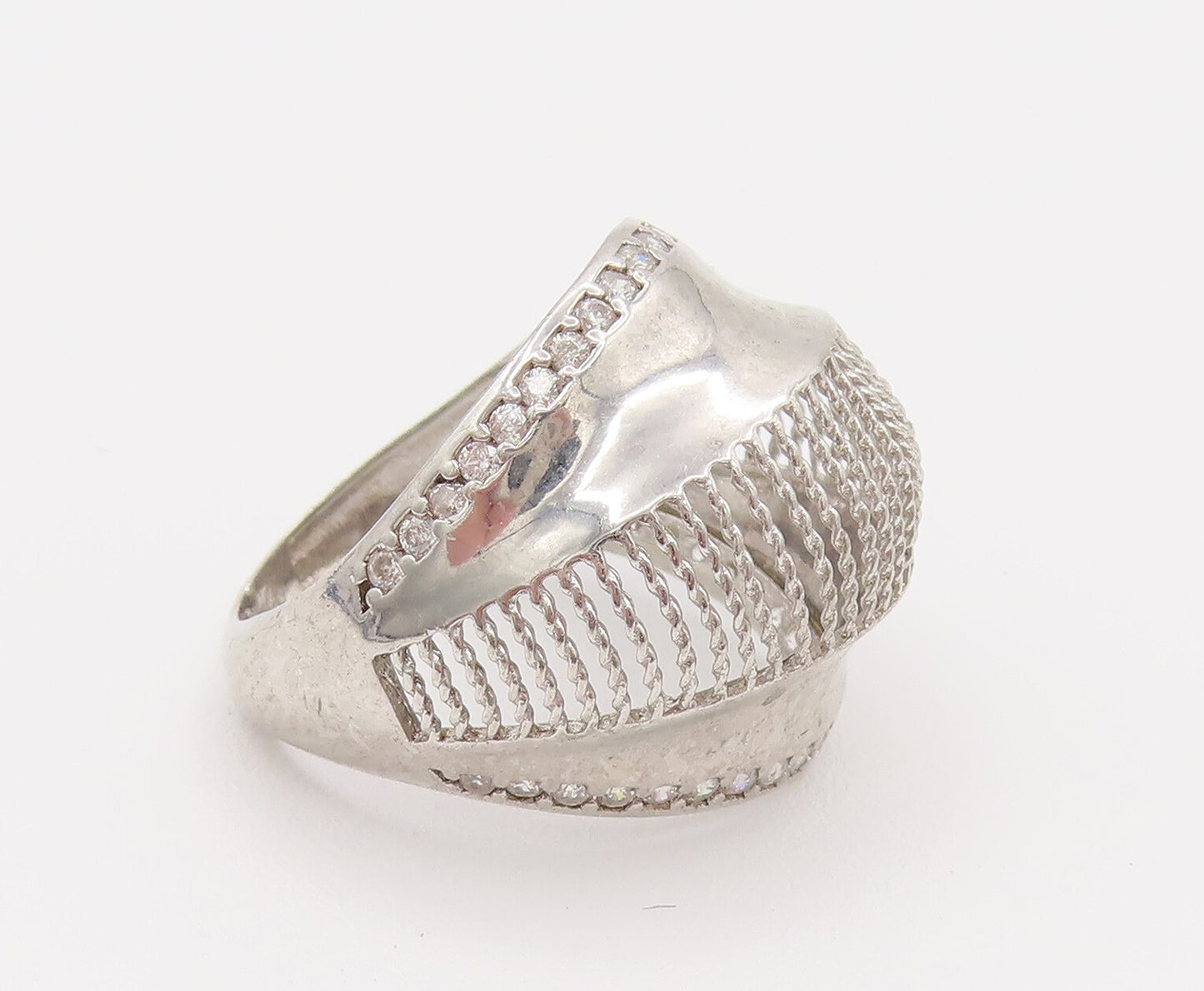925 Silver  Vintage Mesh & Cubic Zirconia Edge Dome Ring Sz 6.25  RG26186