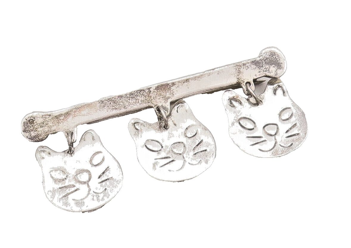 925 Sterling Silver Vintage Brooch Pin Solid Etched Dangling Cat Faces  BP10876