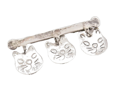 925 Sterling Silver Vintage Brooch Pin Solid Etched Dangling Cat Faces  BP10876