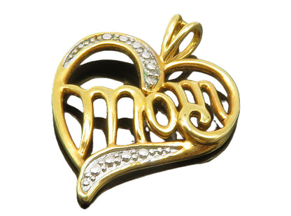 925 Sterling Silver  Genuine Diamond Gold Plated Mom Heart Pendant  PT10560