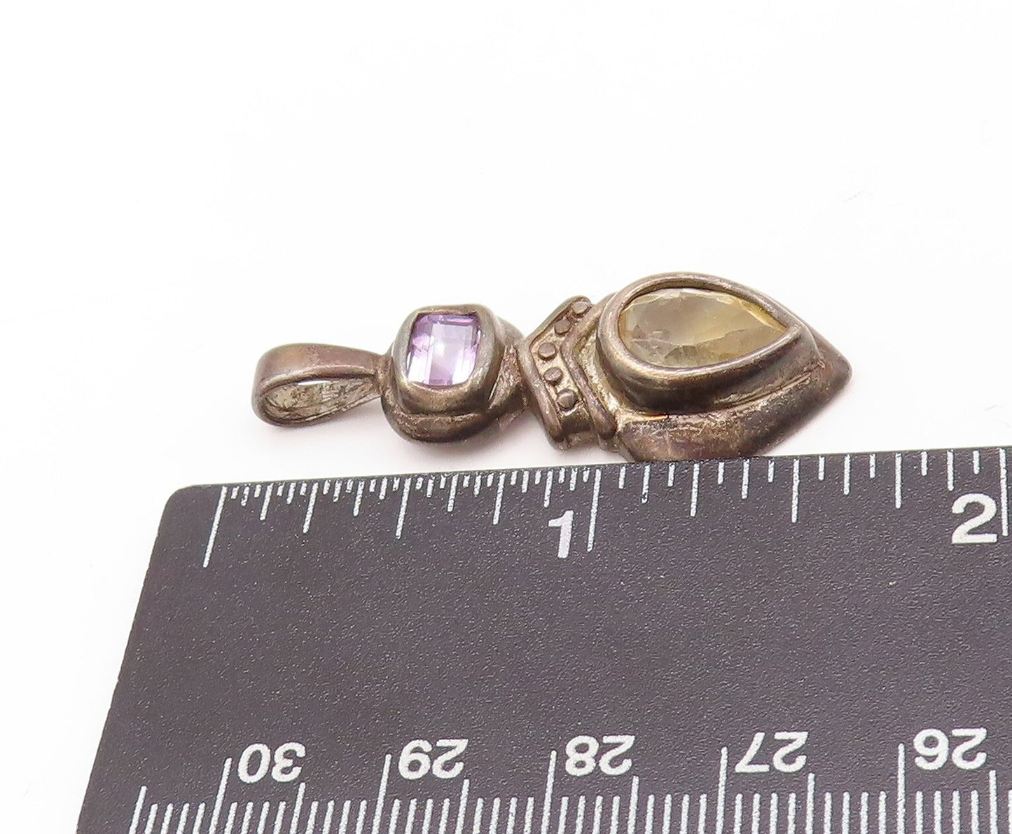 925 Sterling Silver Vintage Pendant Dark Tone Carved Amethyst & Citrine  PT23597