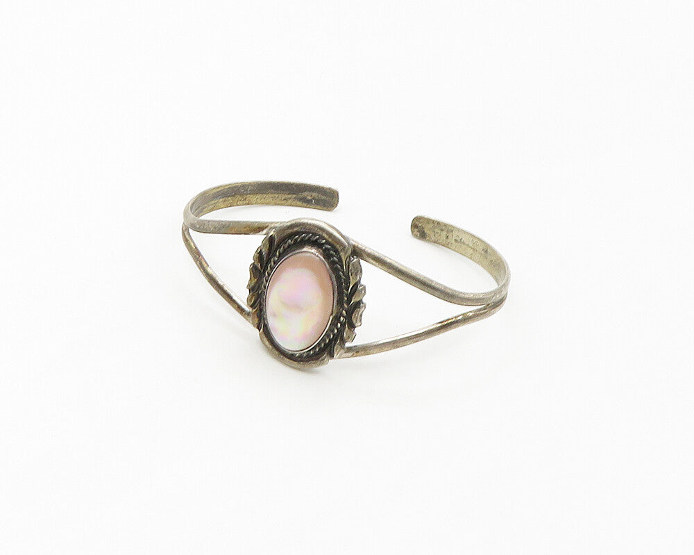 NAVAJO 925 Sterling Silver  Vintage Mother Of Pearl Cuff Bracelet  BT6782