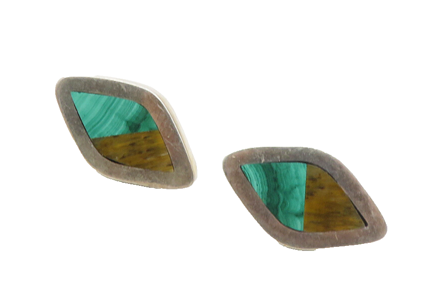 MEXICO 925 Silver  Vintage Inlaid Malachite & Tiger's Eye Drop Earrings EG5270
