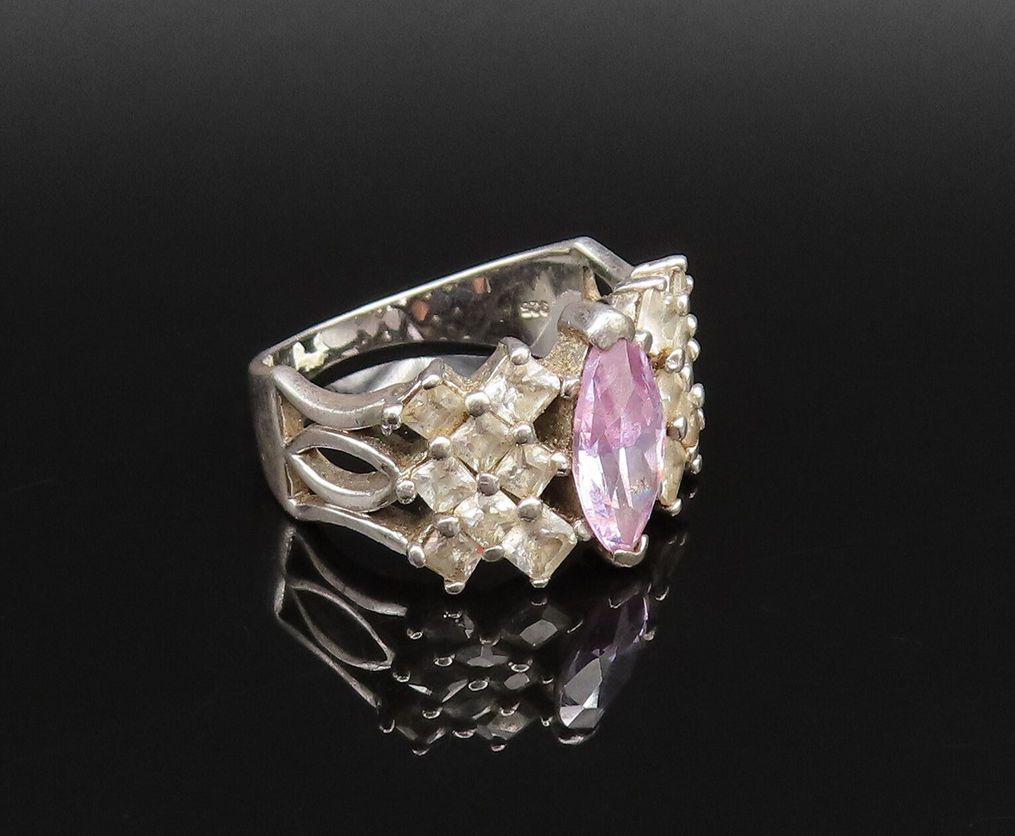 925 Silver  Vintage Purple & White Cubic Zirconia Open Shank Ring Sz 8 RG25905