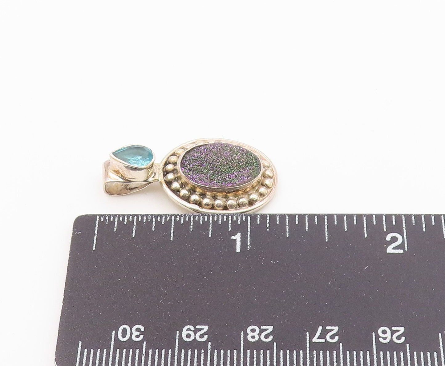 925 Sterling Silver  Vintage Pear Shaped Topaz & Druzy Beaded Pendant  PT20375