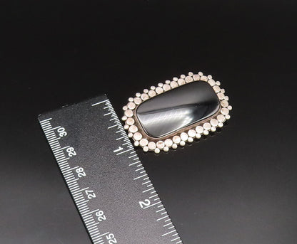 925 Sterling Silver Vintage Dotted Edge Rectangle Black Onyx Brooch Pin BP9649