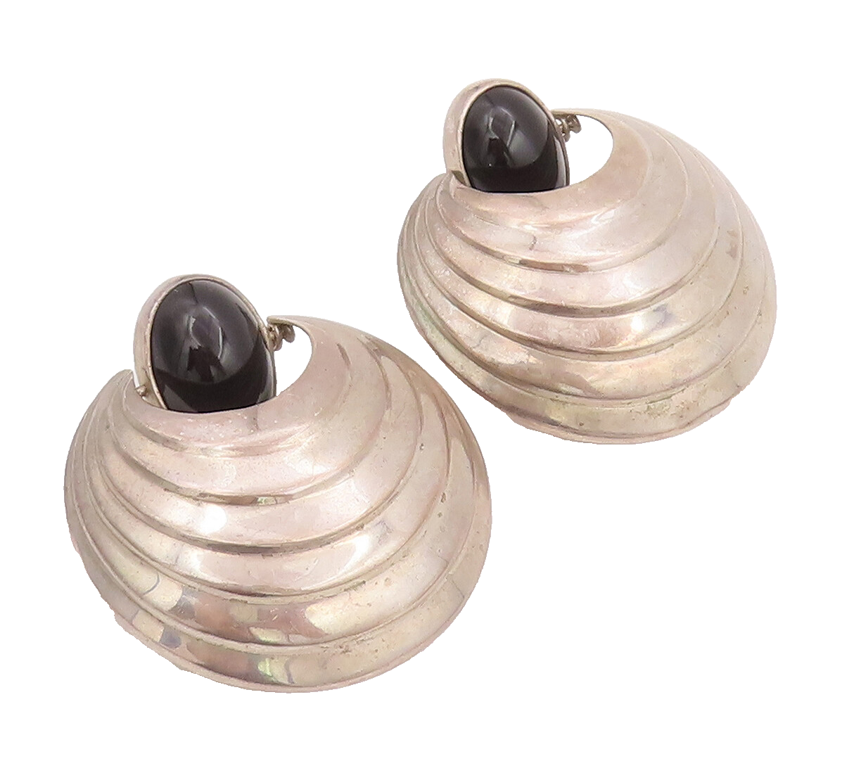 14k Gold 925 Sterling Silver Vintage Earrings Domed Grooved Oval Onyx  EG12927