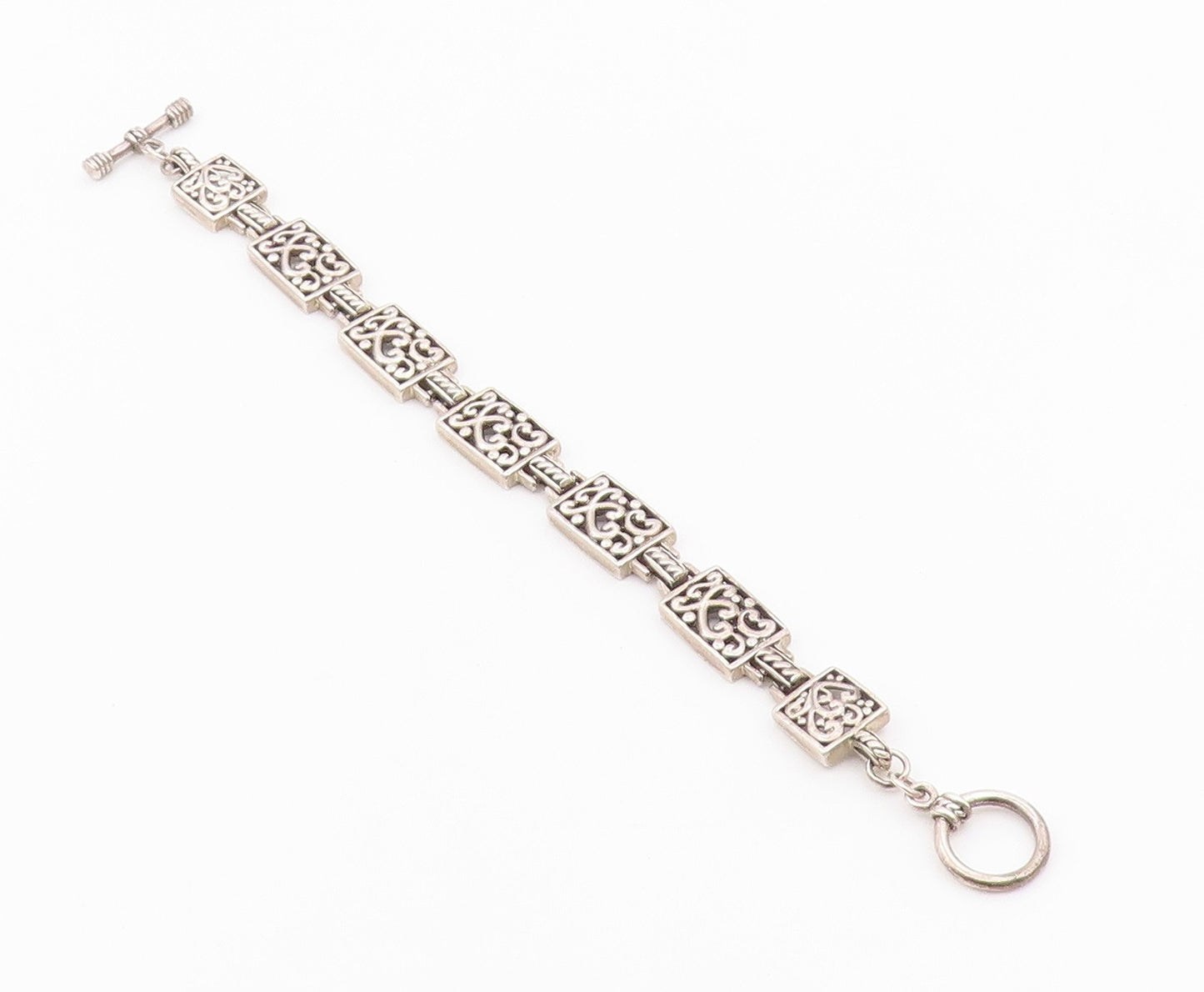 925 Sterling Silver  Vintage Rectangular Scroll Pattern Chain Bracelet  BT9409
