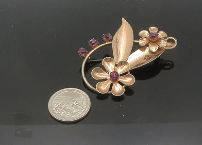 925 Sterling Silver  Vintage Purple Topaz Shiny Floral Brooch Pin  BP8357