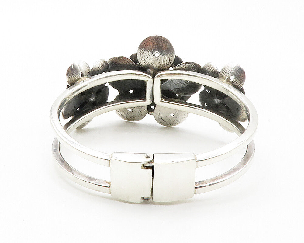 925 Sterling Silver  Vintage Petite Pearls Flower Motif Cuff Bracelet  BT5401