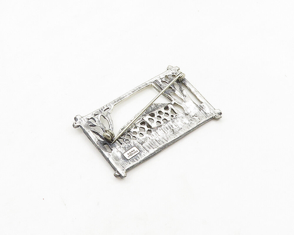 BEAU 925 Sterling Silver  Vintage Shiny Gazebo Forest Scene Brooch Pin  BP7658