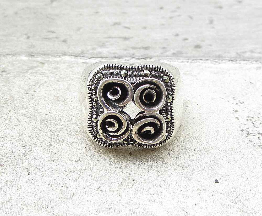 925 Sterling Silver  Marcasite Blooming Spring Flowers Ring Sz 6.5  RG1963