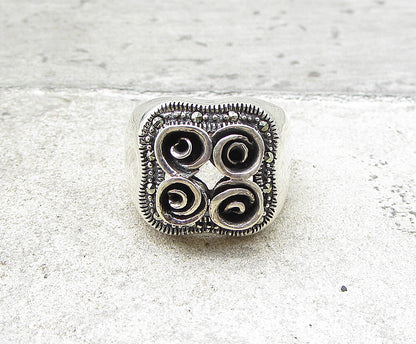 925 Sterling Silver  Marcasite Blooming Spring Flowers Ring Sz 6.5  RG1963