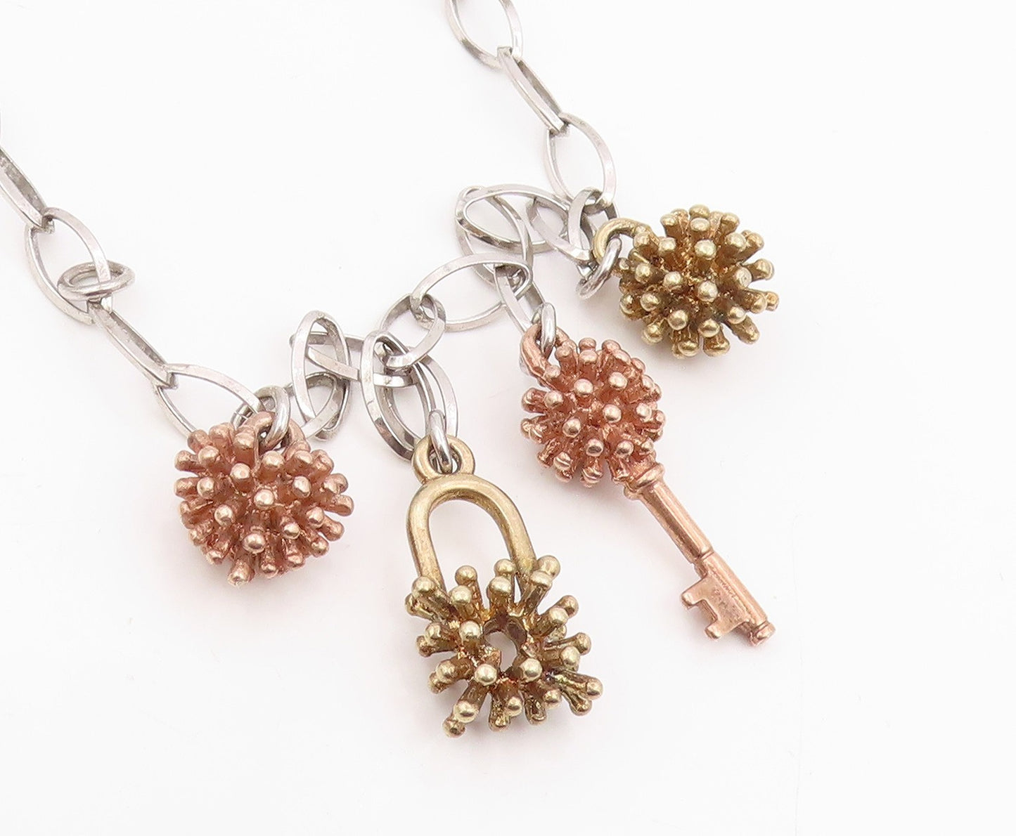 925 Sterling Silver Vintage Necklace Multi Tone Key & Spiky Orb Chain  NE4835