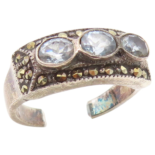925 Sterling Silver Vintage Ring Oval Aquamarine & Marcasite Band  Sz 5  RG36931