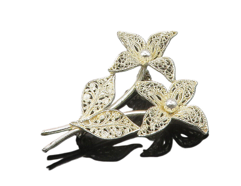 925 Sterling Silver  Vintage Shiny Filigree Flowers Motif Brooch Pin  BP6471