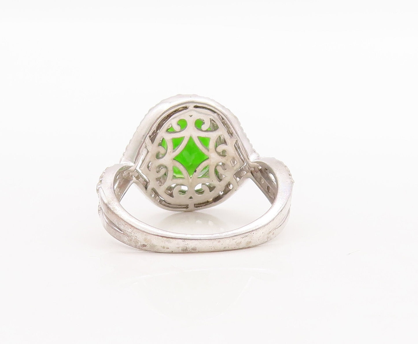 925 Sterling Silver Vintage Ring Designer Oval Green White CZ   Sz 7  RG29641
