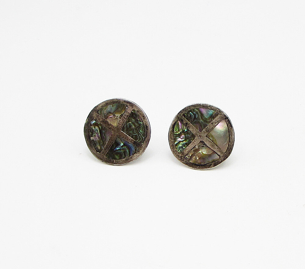 MEXICO 925 Silver Vintage Mother Of Pearl Non Pierced Screw Back Earrings EG1955