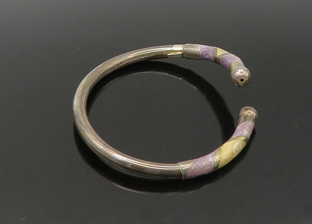925 Sterling Silver  Vintage Enamel Detail Bypass Cuff Bracelet  BT8863