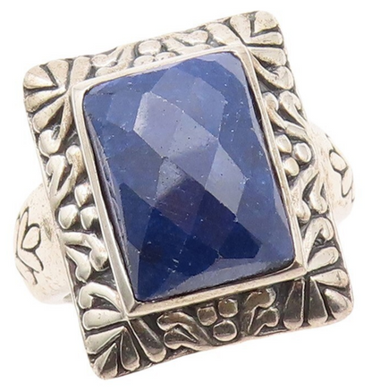 925 Sterling Silver Vintage Ring Blue Gemstone Swirly Carved Frame Sz 8  RG30279