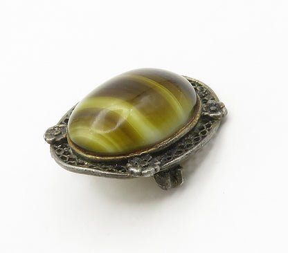 925 Sterling Silver  Vintage Cabochon Cut Agate Floral Brooch Pin  BP6126