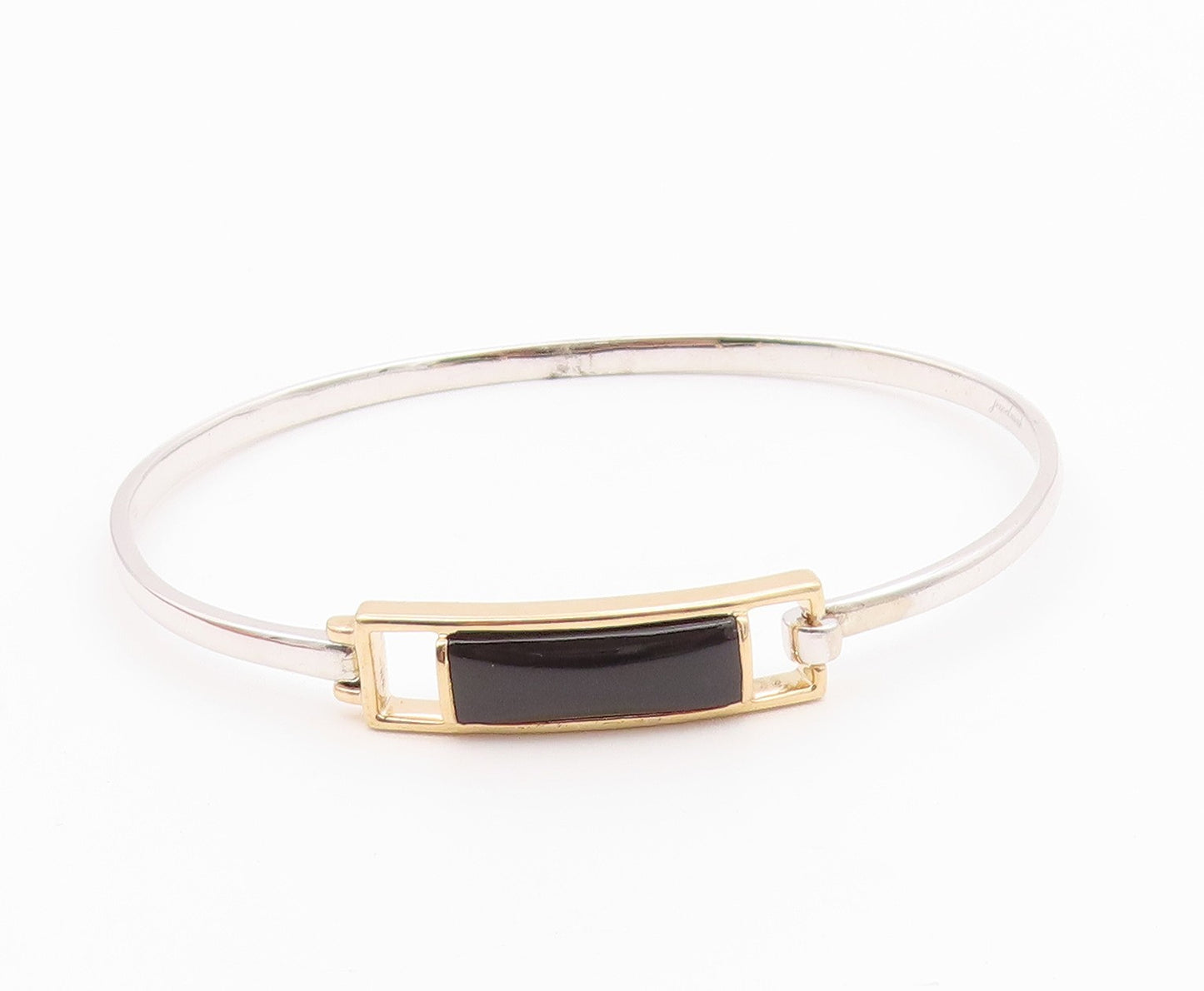 925 Silver  Vintage Two Tone Rectangular Black Onyx Bangle Bracelet  BT9384