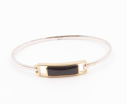 925 Silver  Vintage Two Tone Rectangular Black Onyx Bangle Bracelet  BT9384