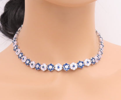 925 Sterling Silver Vintage Necklace Pink & Blue Topaz Floral Link Chain  NE4813