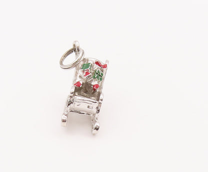 925 Sterling Silver Vintage Pendant DANECRAFT Enameled Carved Sleigh  PT23003