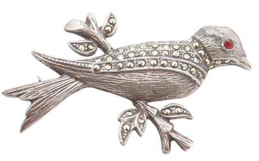 925 Sterling Silver Vintage Brooch CZ Eyed Marcasite Bird On Branch  BP11726