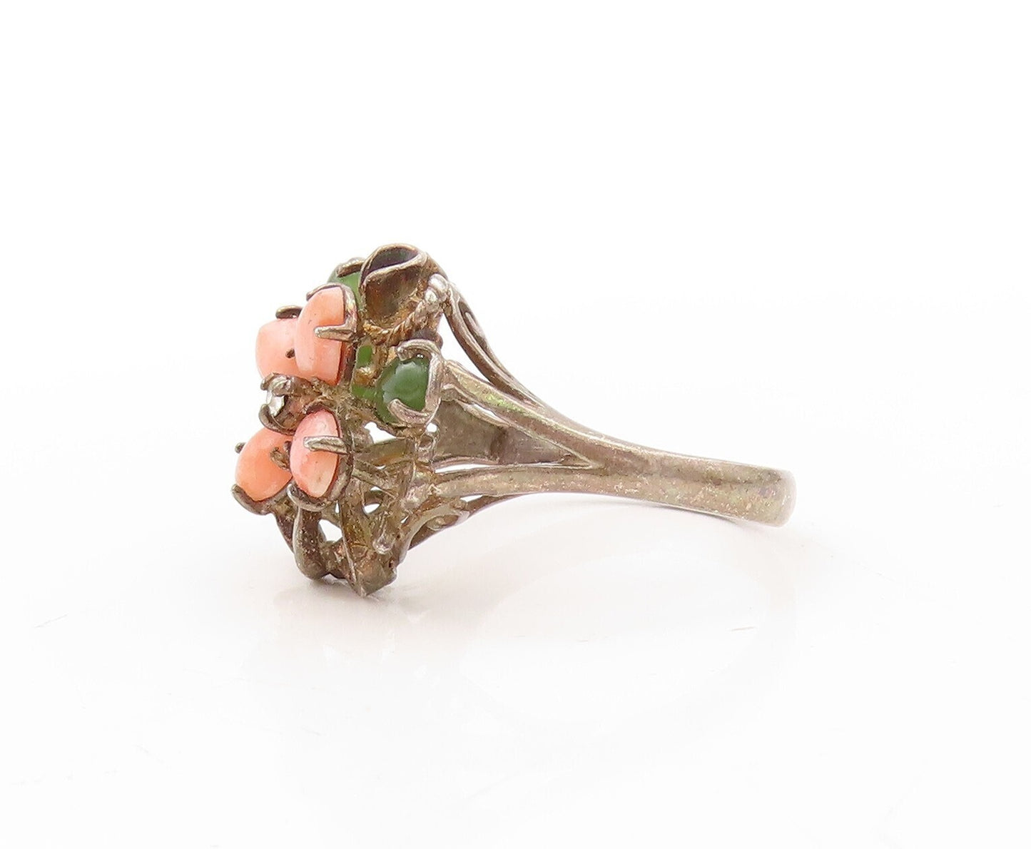 925 Sterling Silver Vintage Ring Dark Tone Floral Gemstones Inlay  Sz 7 RG31125