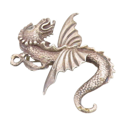 925 Sterling Silver Vintage Brooch Antique Etched Flying Dragon Pin  BP12115