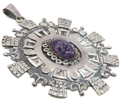 LOS BALLESTEROS 925 Silver Vintage Amethyst Carved Face Large Pendant PT6782