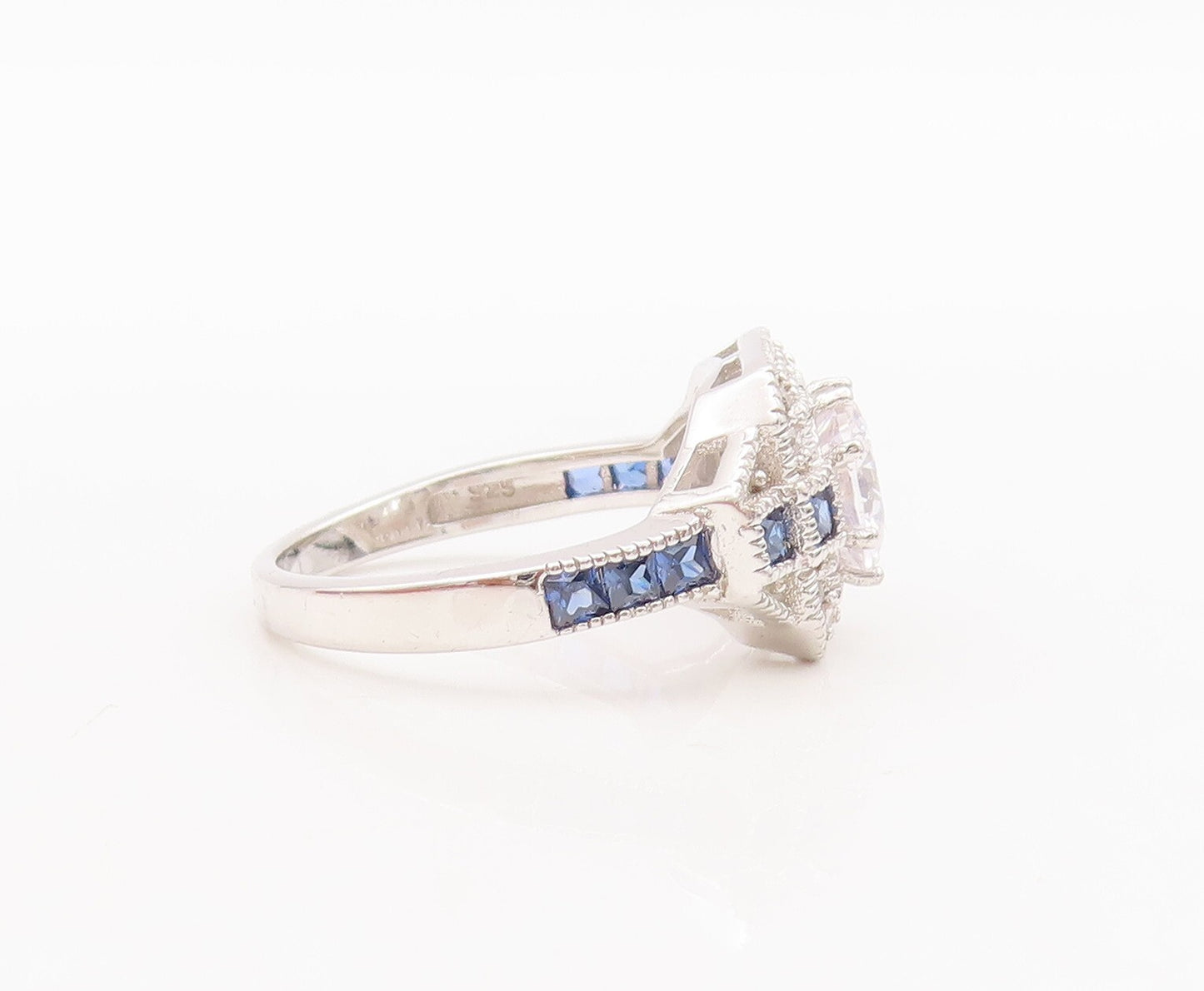 925 Sterling Silver Vintage Ring Round & Square Cut 2 Tone Sapphire Sz 7 RG29219