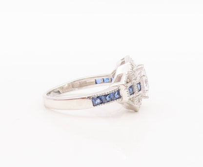925 Sterling Silver Vintage Ring Round & Square Cut 2 Tone Sapphire Sz 7 RG29219