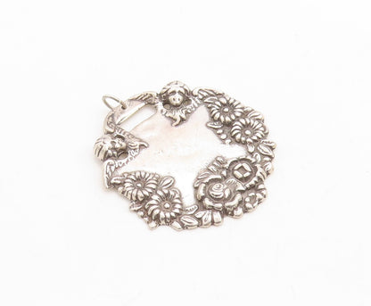 925 Sterling Silver Vintage Pendant Dark Tone Floral Border Carved  PT23735