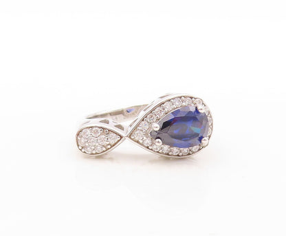 925 Sterling Silver Vintage Ring Designer Drop Cut Sapphire & CZ Sz 7  RG30946