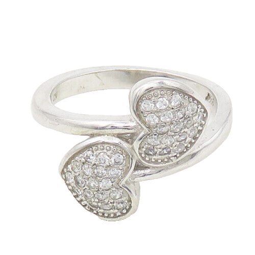 925 Sterling Silver  Cubic Zirconia Love Hearts Bypass Band Ring Sz 6  RG17983