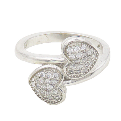 925 Sterling Silver  Cubic Zirconia Love Hearts Bypass Band Ring Sz 6  RG17983
