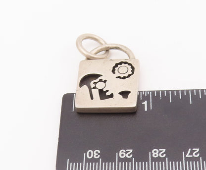 925 Sterling Silver Vintage Pendant MEXICO Carved Mechanical Parts Lock  PT22785