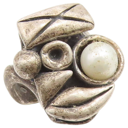 925 Sterling Silver Vintage Ring Pearl Brutalist Carved Band  Sz 6.5  RG36688