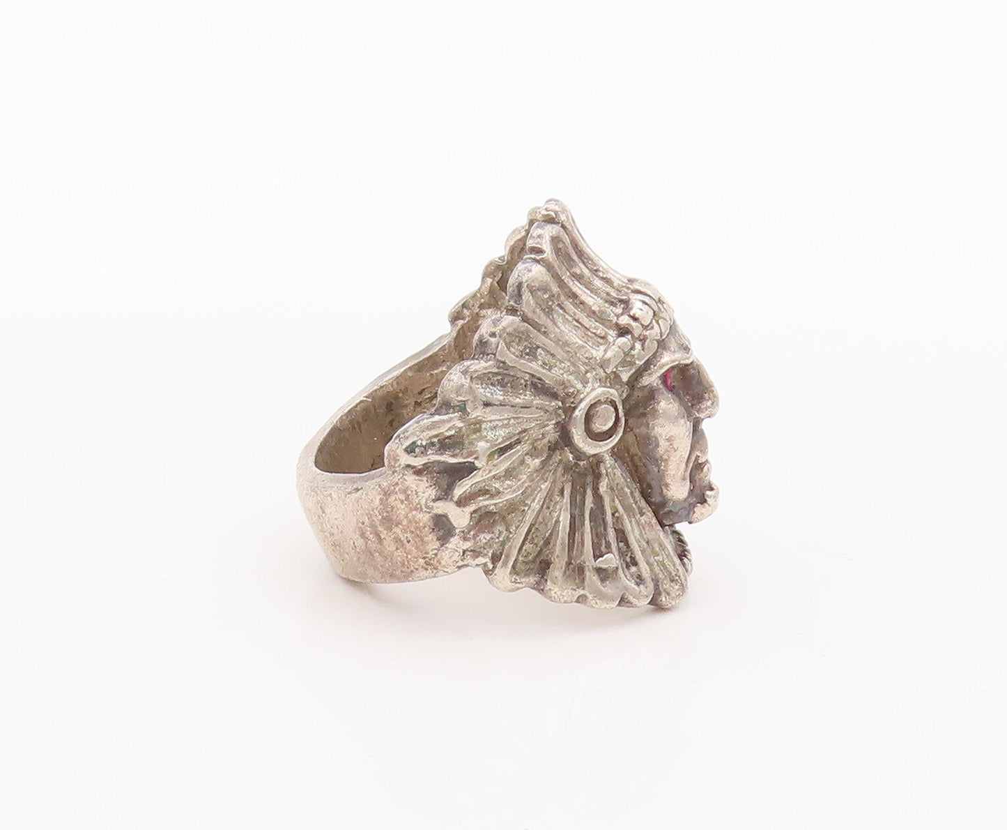 925 Sterling Silver Vintage Ring Ruby Eye Carved Tribal Man Face Sz 8  RG27715