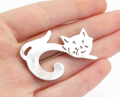 MEXICO 925 Sterling Silver  Vintage Shiny Etched Cat Motif Brooch Pin  BP2632