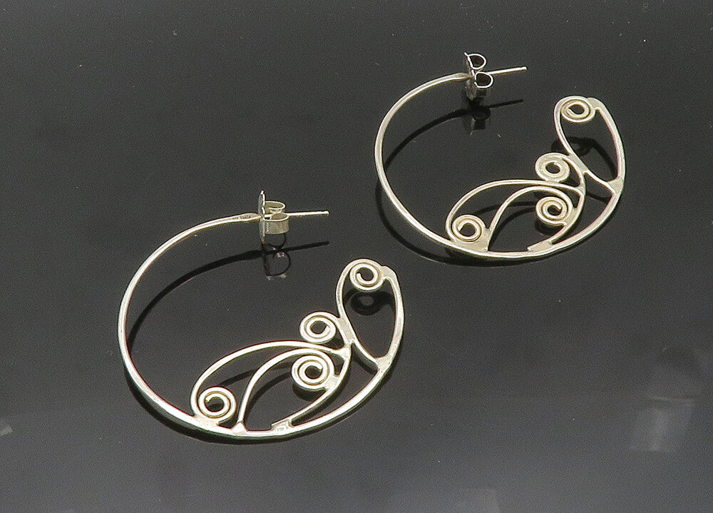 925 Sterling Silver  Vintage Shiny Open Swirl Design Hoop Earrings  EG10214