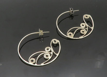 925 Sterling Silver  Vintage Shiny Open Swirl Design Hoop Earrings  EG10214