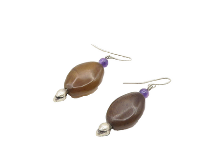 925 Sterling Silver  Vintage Agate & Amethyst Bead Dangle Earrings  EG9290